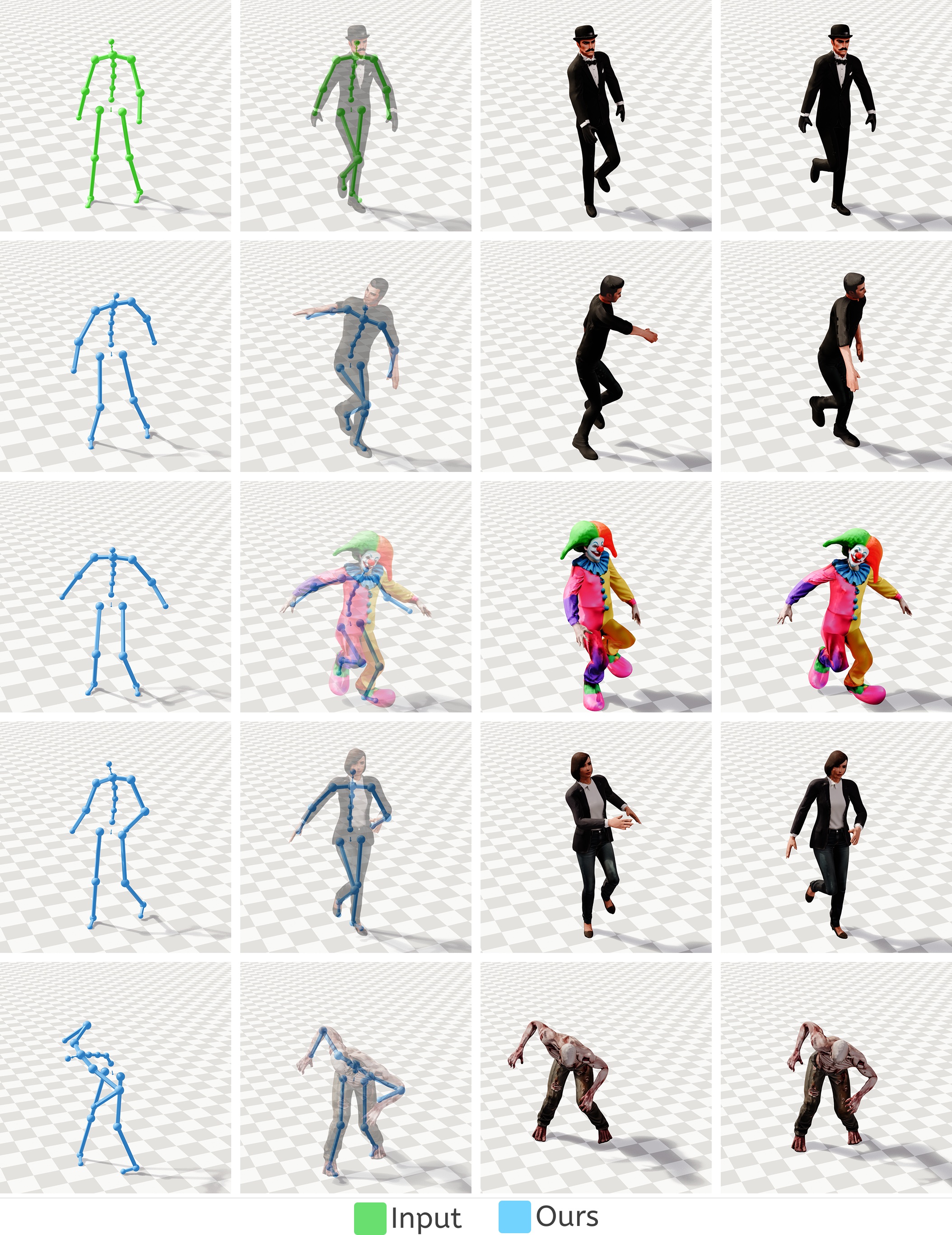 Qualitative comparison showing neutral and stylized character meshes